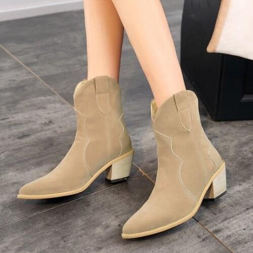 New Women Ankle Boots Autumn Winter Western Cowboy Boots Women Slip on Square High Heel Apricot Black Sewing Flock Shoes Botas