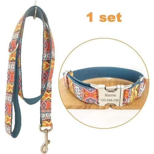 Customize Dog Collar Set Adjustable Pet Leash Rope Collar Set Bohemian Style Premium Custom Dog Collar Laser Engraving Cyan