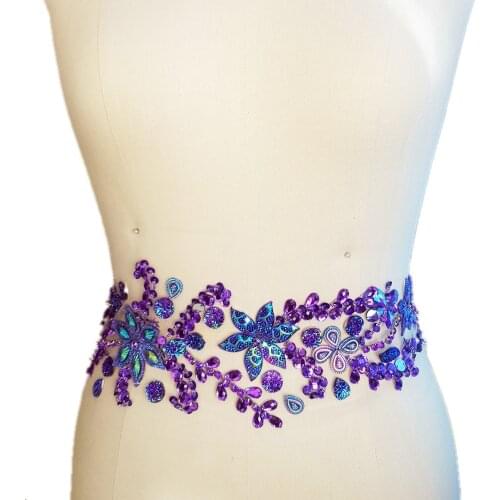 ROMANTIC 10x42cm Purple Diy Crystal Patches Sew-on Rhinestones Appliques Sewing for Wedding Dress Belt Waist Decoration Beaded