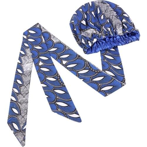 New African Printed Satin Hair Cap For Sleeping Women Haircover Ribbon Round Wrapped Bonnet Fashion Double Turban Hat