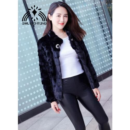 New luxury real natural genuine mink fur coat with diamonds button women fashion black color jacket outwear custom any size