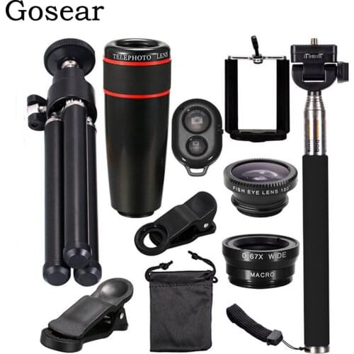 Gosear Phone 8X Zoom Telephoto Lens Fish Eye Lens Wide Angle Macro Lens Selfie Stick Bluetooth Remote Control Tripod