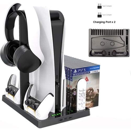 PS5 Vertical Cooling Fan Base Stand Controller Charger Dock Station For PS5 Digital Edition/Ultra HD Console Game Discs Storage