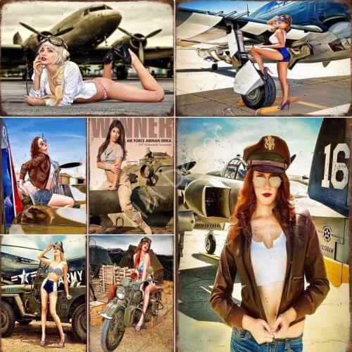 Military Theme Metal Signs，Pinup Girl Airplane Sexy Lady 8x12 Vintage Military Sign Metal Plaque Decor Sign Home Man Cave