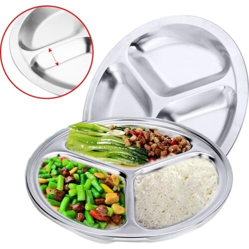 1pcs Dinner Plate Stainless Steel 3 Sections Round Divided Dishes For Kitchen Tools Parts 22/24/26cm Dia