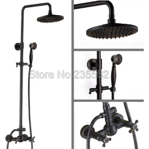 Black Oil Rubbed Bronze Bathroom Rain Shower Faucet Set Dual Handle Mixer Tap Wall Mounted with Handheld Shower Spray lrs413
