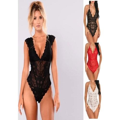 New Women Teddies Hollow Lace Mesh Bodysuit Lingerie Halter Jumpsuit Pajamas Hollow Sexy Teddy Bodysuit Sexy Lingerie