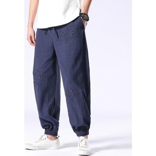 #8059 Summer Cotton Linen Pants Men Embroidery Thin Streetwear Joggers Mens Elastic Waist Harem Pants Loose Red Blue Black Grey