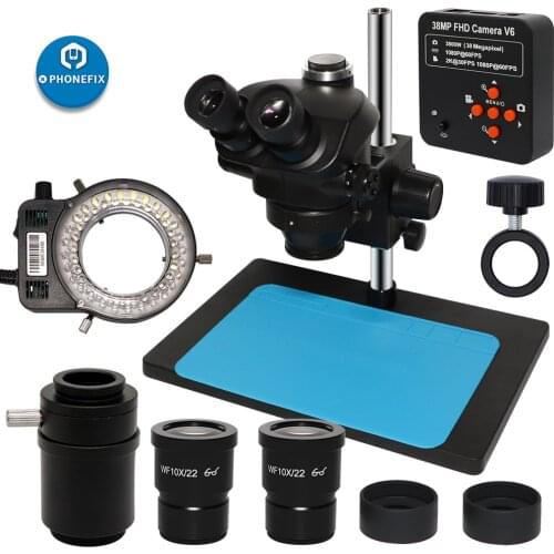 2020 Black 7X-45X Trinocular Stereo Electronic Microscope + hdmi 38MP Camera 1X C mount adapter Light eyepiece for Phone Repair
