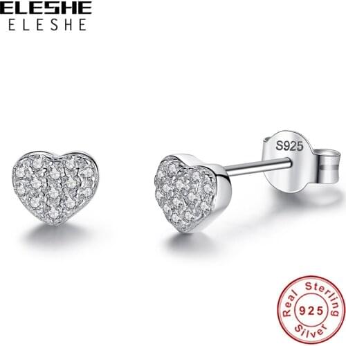 ELESHE Crystal CZ Romantic Heart Stud Earrings 925 Sterling Silver Trendy Earrings For Women Wedding Anniversary Jewelry Gift