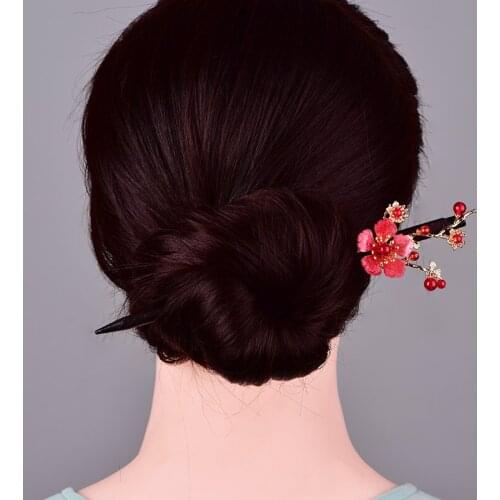 Chinoiserie Retro Graceful Coloured Glaze Synthetic Flower Wooden Hair Stick Classical Elegant Bride Hair Jewelry Woman Bijoux