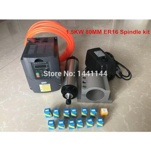 CNC Router Spindle Kit 1.5kw Water Cooled Spindle 80mm + 220v VDF Inverter +80mm Clamp +80w 3.5m Pump +5m Pipe +1set Er16