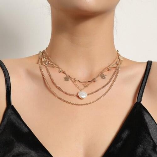 Punk Hiphop Multilayer Chains Butterfly Pearl Pendant Necklace Vintage Rhinestone Geometric Colar Jewelry Women Necklace Gift