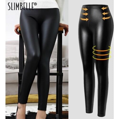 Fashion Women PU Leather Black Pants High Waist Leggings Slim Leather Legging Skinny Fleece Trousers Push Up