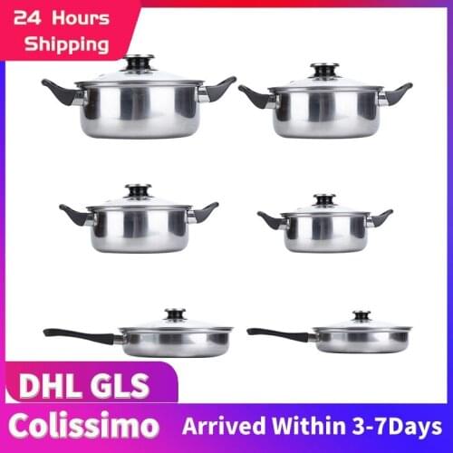 Cookware Set 6Piece Kitchen Stainless Steel Cooking Pot & Pan Sets,Milk Pan,Saucepan,Coated Frying Pan With Glass Lid HWC