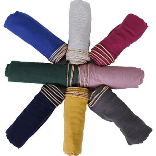 Solid Color Cotton Hijab Scarf Women Muslim Scarves Gold Beads Chain Plain Shawls Wraps Fashion Headband Long Scarves 180*80cm