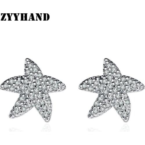Platinum-Plated Starfish Women Stud Earring Girl AAA Zircon Clean Stone Silver-Color Star Lady Wedding Romantic Ear Jewelry