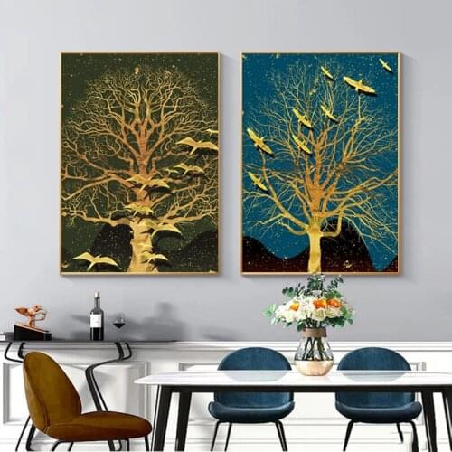 Golden Tree Bird Poster Canvas Painting Wall Art Pictures For Living Room Modern Home Decoration Light Luxury Entrance Cuadros