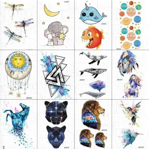 Funny Women Chest Art Tattoos Fake Stickers Boys Arm Cats Face Stars Tattoos Temporary Little Bird Triangle Whale Tatoos Unicorn