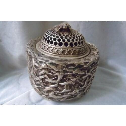 Tibet silver carved finery myriad crane tortoise censer Incense Burner Statue