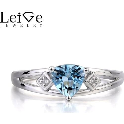 Leige Jewelry Party Ring Natural Aquamarine Ring March Birthstone Blue Gems Trillion Cut Gemstone 925 Sterling Silver Ring Gifts