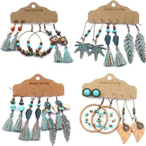 Vintage Elegant Natural Wood Bead Drop Earrings Set For Women Boho Round Hoop Long Tassel Hanging Earring 2020 Wholesale Jewelry