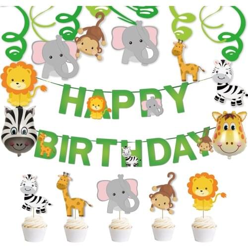 Green leaf animal birthday pull flag cartoon animal giraffe elephant zebra aluminum foil balloon birthday banner cake card fores