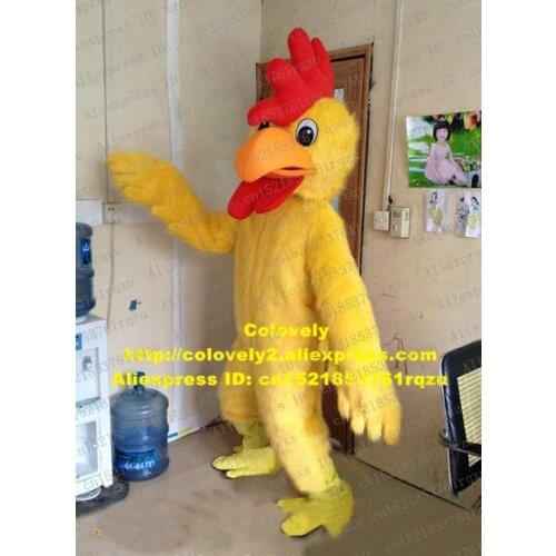 Shrewd Yellow Long Fur Cock Rooster Hen Chicken Chook Chick Mascot Costume Character Mascotte Red Comb Tabular Feet ZZ1911 FS