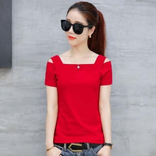 Womens Cotton off-Shoulder Horizontal Neck Short-Sleeved T-shirt Womens Summer Half-Sleeve Top Slim Solid Color T-shirt