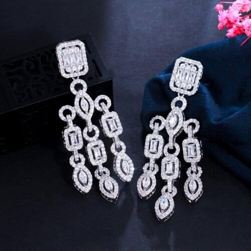 CWWZircons Gorgeous Tassel Cubic Zirconia Pave Women Long Drop Earrings for Brides Wedding Banquet Engagement Jewelry CZ958
