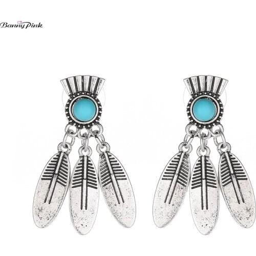 Banny Pink Ethnic Carved Leaf Statement Stud Earrings For Women Vintage Synthetic Stone Geometric Pendant Post Earrings Brincos