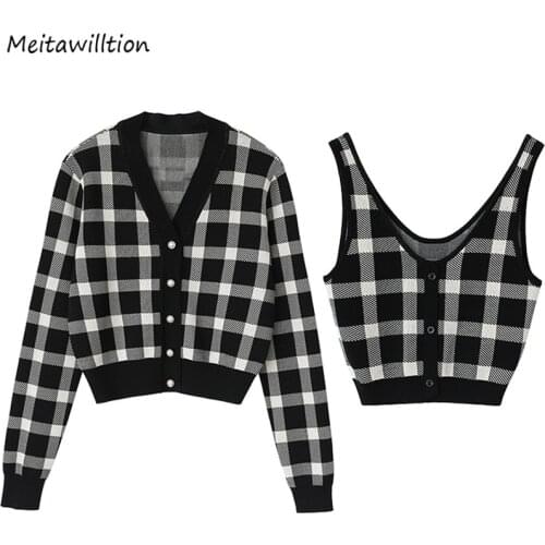 2021 Sweater Cardigan Women Spring Autumn Pearl Single Breasted Short Crop Cardigan+Knitted Vest Two Piece Sets