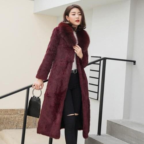 Women Long Big Size Real Fur Coat Natural Rabbit Fur Overcoat with Genuine Fox Fur Collar Factory Price Sale sr690