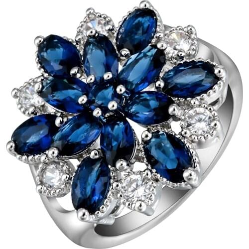 Hainon 2019 Summer New Luxury Silver Color Flower Rings For Women White Blue Big CZ Flowers Ring Wedding Engagement Jewelry