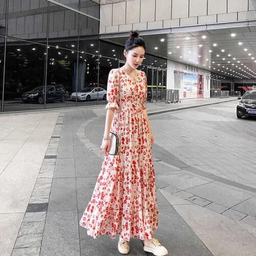 New Summer Chiffon Daisy Floral Print Dress Women 2021 Vintage High Waist V-neck Slim Fit Fairy Temperament Long Vestidoes