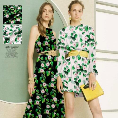 1.08 Meter X 1 Meter Leaf Print White Black Elastic Satin Mulberry Silk Fabrics For Sewing Dress Clothes