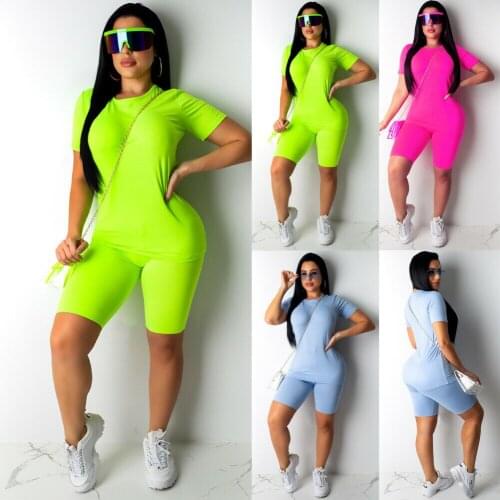 2PCS/set Women O neck Short Sleeve Candy color Shirt+High Waist Elastic Shorts Sports Tracksuit Jogging Set