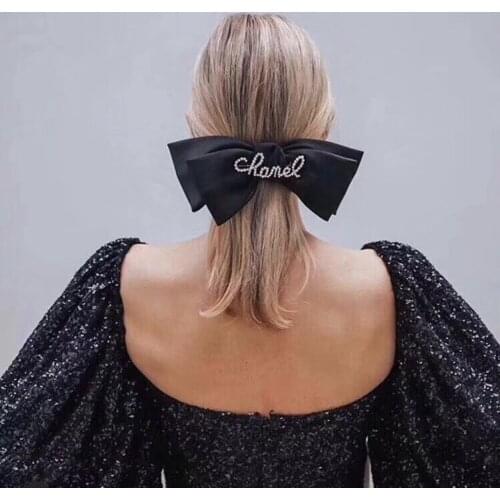 Retro Atmosphere Black Silky Satin Bow Hairpin Letter Pearl Rhinestone Buckle Top Clip Net Red Same Headdress