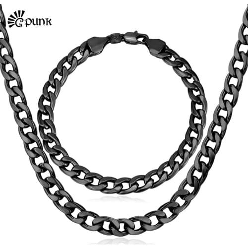 Black Curb Cuban Chain Necklace Bracelet Jewelry Set For Men 6mm 6 Length Options High Quality Black Gun color wholesale S838HG