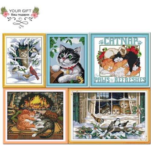 Joy Sunday D380D404D407D441D445 Home Decor Sleeping View Outside The Window Sleeping Cat And Birds Cross Stitch Kits