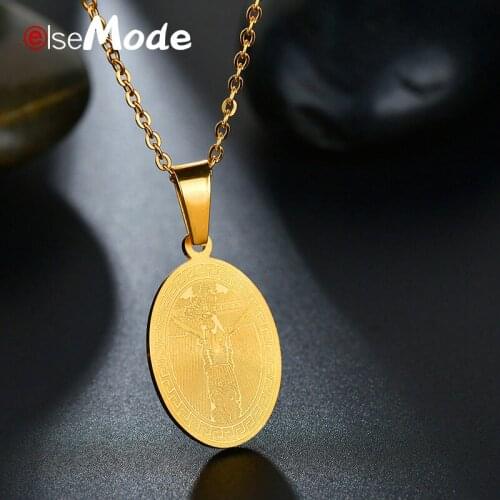 ELSEMODE Crucifix Gold Jesus Cross Oval Prayer Necklace 316L Stainless Steel Amulet Pendant Necklaces Women Men Christmas Gifts