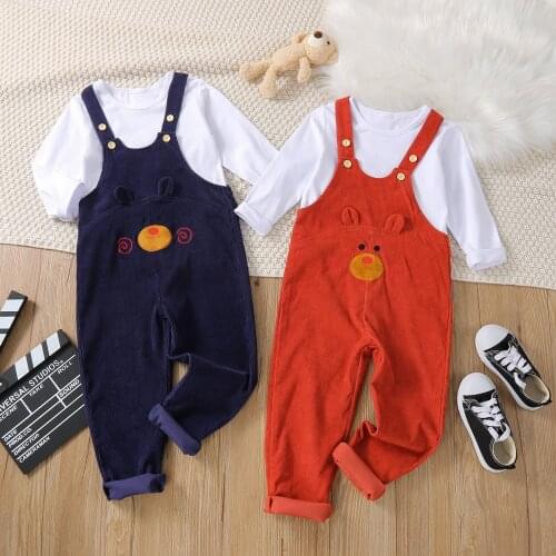 PatPat 2-piece Toddler Girl/Boy Long-sleeve White T-shirt and Bear Embroidered Overalls Set