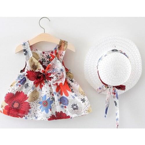 2 Piece Newborn Baby Girls Clothing Sets Infants Dresses Beach Dress Outfits Children Printed Bow Clothes Sunhat 1 2 3 4 Years