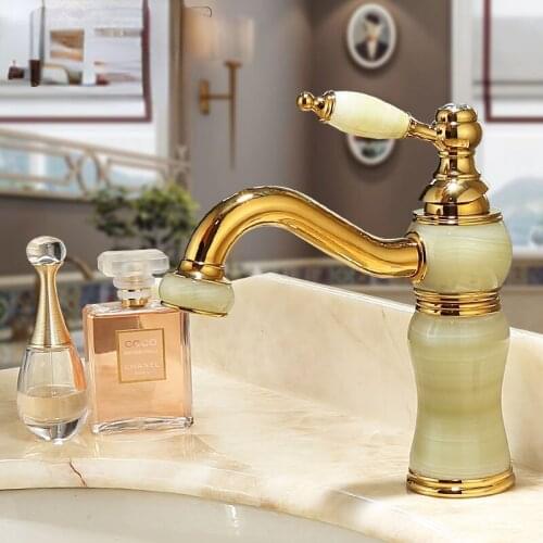 All copper natural jade wash basin hot and cold faucet golden household rotary faucet