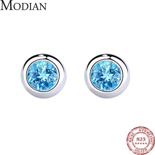 Modian Popular Real 925 Sterling Silver Round Rock Blue Crystal CZ Stud Earrings For Women Fashion Fine Silver Earring Jewelry