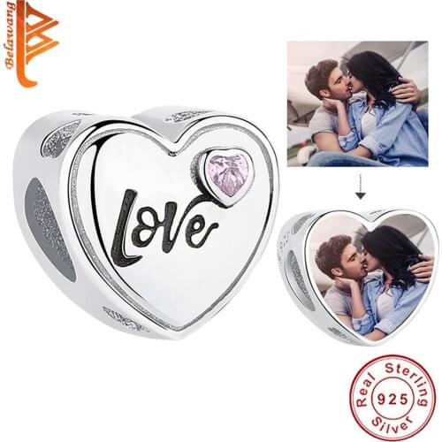 Personalized Custom Photo 925 Sterling Silver Pink Crystal Love Heart Charm Bead Fit Original Bracelet For Woman DIY Jewelry