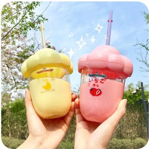 350ml Plastic Water Bottle Cartoon Fruit Snacks Pattern Straw Cup Portable Drinking Bottle Cloud Shape Cup Lid Girl Gift