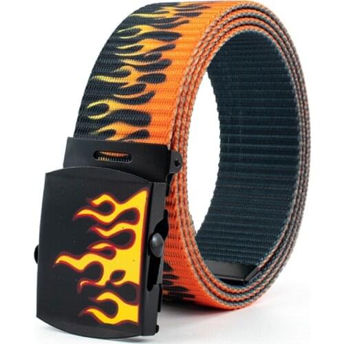 Flame Grain Buckle Waist Belt for Women Men 130cm Adjustable Canvas Waistband