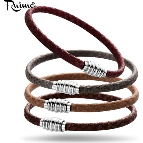 RUIMO 4mm Pattern Genuine Oblate Leather Bracelets DIY String Beads Charm Bracelets Jewelry Making With Magnet Clasp