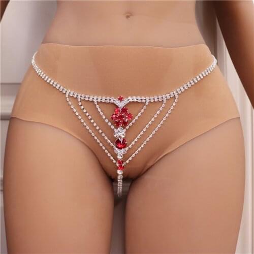 Unique Sexy Underwear Chain Red Crystal Thong Panties for Women Silver Color Rhinestone Body Waist Chain Hide-it Jewelry Gift